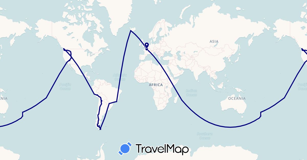 TravelMap itinerary: driving in Argentina, Bolivia, Brazil, Canada, Chile, France, Iceland, New Zealand, Peru, French Polynesia, Réunion, United States (Africa, Europe, North America, Oceania, South America)
